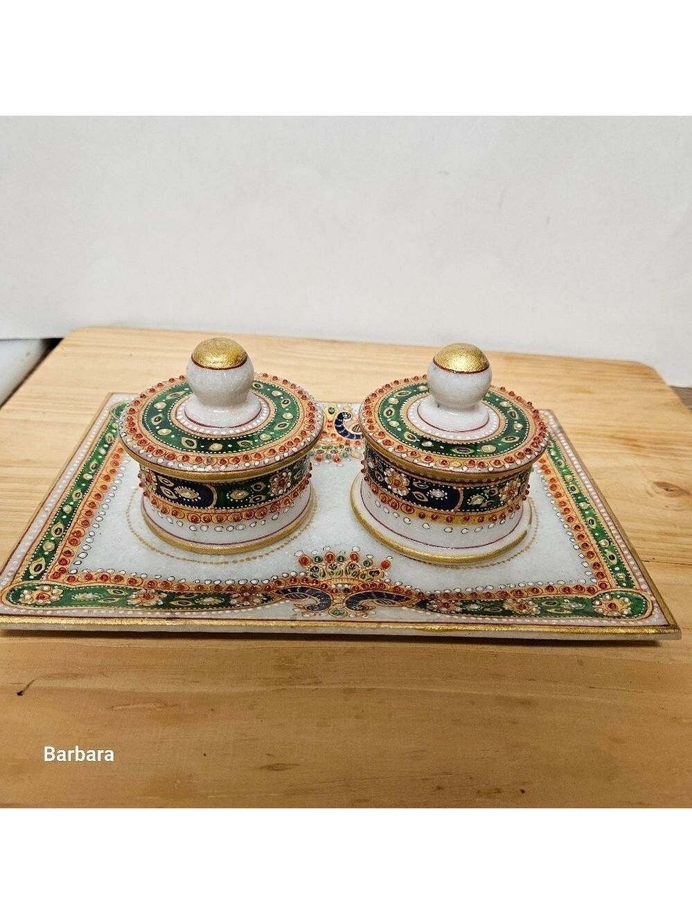 India Meets India White Marble Meenakari Art Form Tray & Container Set